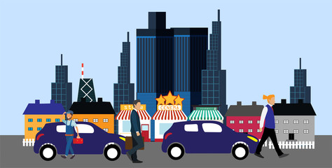 Flat vector cartoon style illustration of landscape street with cars and peoples