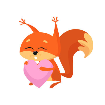 Sweet baby squirrel holding pink heart. Cute cartoon character, animal, Valentines day. Can be used for topics like love, romance, greeting