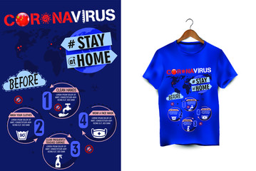 Coronavirus vector infographic. Stay at home stop virus. T-shirt layout with China flag. World danger covid-19. 