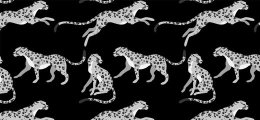 Black and white leopard pattern on a black background. Trendy modern wildlife design for textile, wallpapers and wrapping paper. Seamless vector texture. Wild animal print. Leopard in different poses