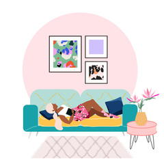 Young blond woman laying on a sofa at home. Sleeping beauty. Stay at home concept. Protect yourself and others. Modern apartment interior design.Frames on a wall and house plant in a vase. 