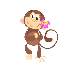 Happy cartoon monkey with tropical flower at ear dancing and having fun. Cute character, animal, joy. Can be used for topics like vacation, zoo, jungle