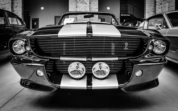 BERLIN, GERMANY - MAY 17, 2014: Shelby Mustang GT500 Cabrio Eleanore (1967) - is a high-performance version of the Ford Mustang. Black and white. 27th Oldtimer Day Berlin - Brandenburg