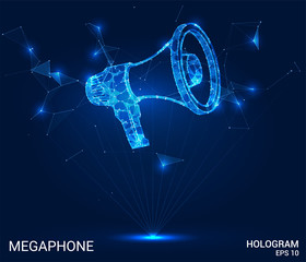 Megaphone hologram. Megaphone of polygons, triangles of points and lines. The loudspeaker is a low-poly connection structure. The technology concept.