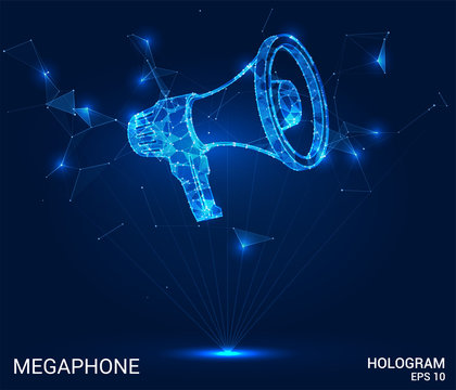 Megaphone hologram. Megaphone of polygons, triangles of points and lines. The loudspeaker is a low-poly connection structure. The technology concept.