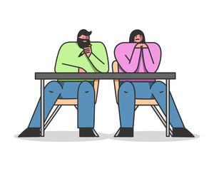 Concept Of Studying And Education. Man And Woman Students Are Sitting At Desk Learning, Communicating And Listening The Lecture In University. Cartoon Linear Outline Flat Style. Vector Illustration