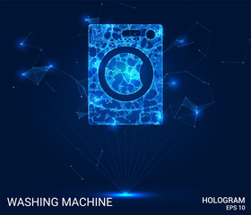 Hologram washing machine. Washing machine made of polygons, triangles of points and lines. Washing machine low-poly connection structure. The technology concept.