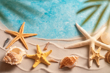 Fototapeta na wymiar summer beach background with shell sea star blurred Palm vacation and travel concept, Flat lay top view copy space Minimal exotic concept. Creative layout of sand waves and sea