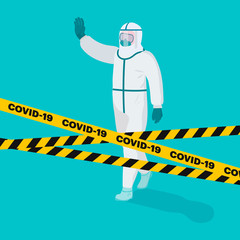 Covid-19, Man in a protective suit or clothing, spray for cleaning and disinfecting the virus, coronavirus disease, preventive measures