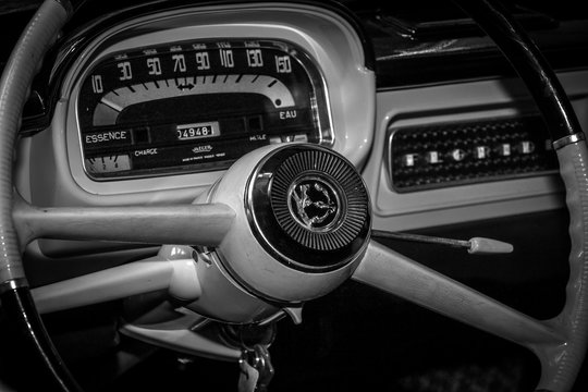 BERLIN, GERMANY - MAY 17, 2014: The cabin of the Renault Caravelle. Black and white. 27th Oldtimer Day Berlin - Brandenburg