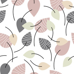 Decorative seamless pattern with grey, beige, orange and green striped flat leaves on white background. For fabric, wallpaper, wrapping paper, pattern fills, textile, web textures. Vector Eps 10