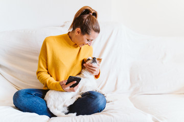 young woman using mobile phone, cute small dog besides. Sitting on the couch, wearing protective mask. Stay home concept during coronavirus covid-2019