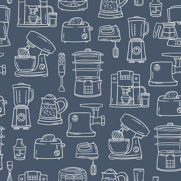 Vector pattern on the theme of kitchen appliances and electronics. Background with сooking technique on gray color. Line art