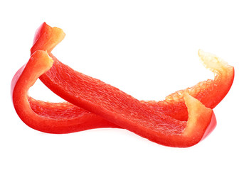 Two slices of sweet red bell pepper isolated on a white background. Bulgarian pepper.