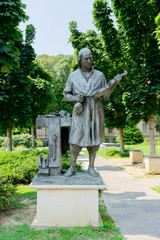 Cremona, Italy - 7 25 2019: view of statue of Stradivari Antonio near the museum of fiddle