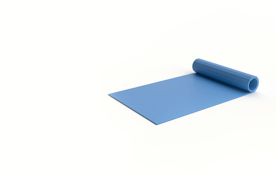3D rendering image of Blue Yoga Matt rolled up on isolated white background