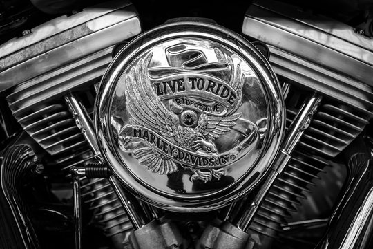 BERLIN, GERMANY - MAY 17, 2014: Detail of motorcycle Harley-Davidson. Black and white. 27th Oldtimer Day Berlin - Brandenburg