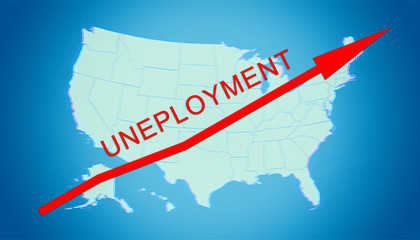 Word UNEPLOYMENT and growing up red arrow on USA map background. Concept of increase in the number of unemployed in USA. Elements of this image furnished by NASA