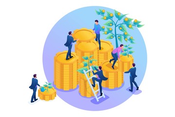 Isometric Income from investments, businessmen collect profits and reinvest money. Concept for web design