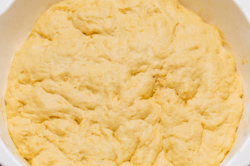 yellow yeast dough, lush from fermentation, for baking muffin, concept, close-up