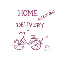 Fototapeta na wymiar No contact home delivery - hand drawing sign with bicycle. Vector stock illustration for transport company, delivery service, web shop, restaurant, online order. EPS10