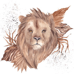 Watercolor illustration with African lion and tropical leaves, isolated on white background