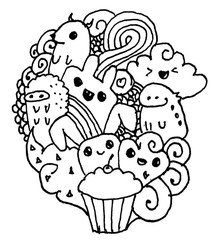 Little cute little monsters in the style of doodling graphic image.