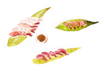 Fuve shrimps served on green banana leaf. Watercolor illustration of seafood set. Painted japanese dish.