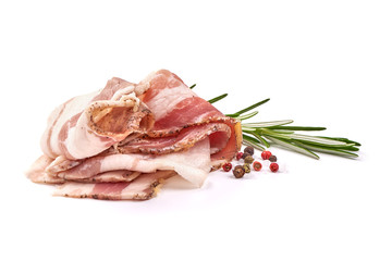 Slices of smoked bacon, smoked pork lard, isolated on white background