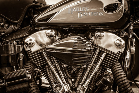 BERLIN, GERMANY - MAY 17, 2014: Twin Cam engine of the motorcycle Harley-Davidson. Sepia. 27th Oldtimer Day Berlin - Brandenburg
