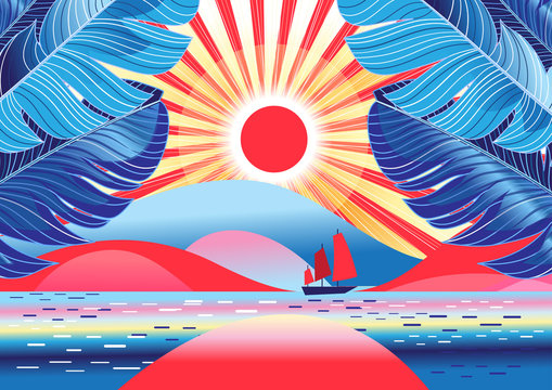 Beautiful vector landscape with palm trees and sea