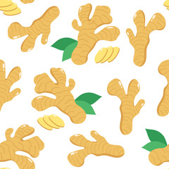 Ginger root and leaveson white background. Vector