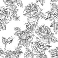 Seamless pattern of rose flowers. Black and white roses. Vector illustration.