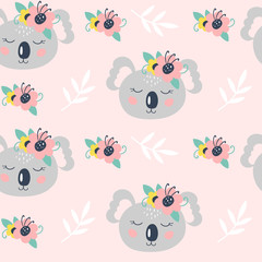 Seamless pattern with cute koala on a pink background. Vector
