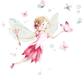 Fototapeta premium Cute Fairy character watercolor illustration on white background. Magic fantasy cartoon pink fairytale design. Baby girl birthday