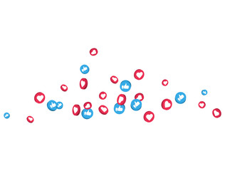 Like and thumbs up icons flying on transparent background. Social media elements. 3d social network symbol. Counter notification icons frame. Emoji reactions. Vector illustration