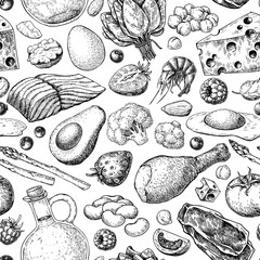 Keto diet vector seamless pattern drawing. Ketogenic hand drawn background. Vintage engraved sketch.