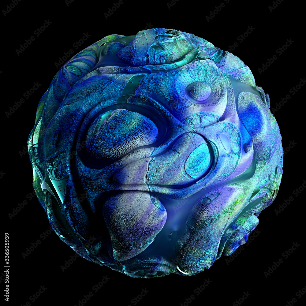 Wall mural 3d render of abstract art with surreal 3d planet earth or stone sphere in organic curve round wavy s