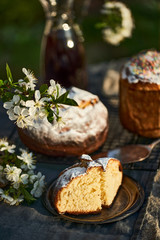 Traditional russian Easter cottage cheese dessert. Orthodox paskha, kulich cakes on table.