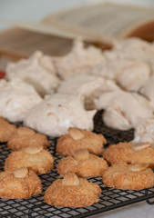 Passover (Pesach) baking - almond macaroon cookies and coconut meringue cakes, presented on a wire cooling tray.