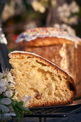 Traditional russian Easter cottage cheese dessert. Orthodox paskha, kulich cakes on table.
