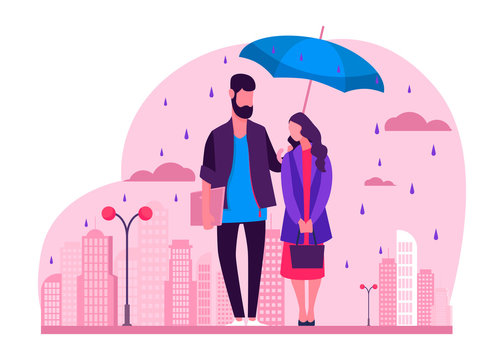 Young couple in rain vector illustration. Man and woman in raincoats standing under umbrella on urban street. Autumn rain image for weather, season, climate concept