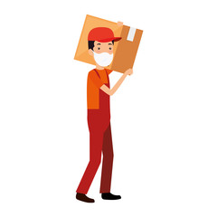 delivery worker using face mask with box carton vector illustration design