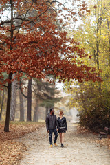 Fototapeta premium Happy interracial couple walking in autumn park