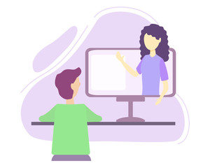 Online courses vector illustration. Flat person learn virtual concept. Modern knowledge development using internet training, teaching. Webinar and distance lesson service. Web presentation video.