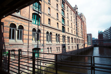 Naklejka premium Post card view amber house in Germany Hamburg, modern european street