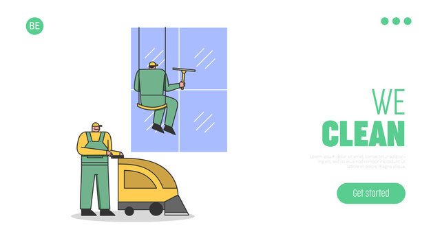 Cleaning Service And Staff Concept. Website Landing Page. Men Cleaning Facade Windows Of Skyscraper And Floor By Floor Cleaning Machine. Web age Cartoon Linear Outline Flat Style. Vector Illustration