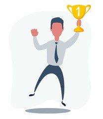 Cartoon male character with a winner's cup. Vector illustration