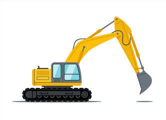 Cartoon yellow and black excavator construction heavy duty vehicle equipment for site design. Building power shovel machine vector icon. Isolated logo object on white background.