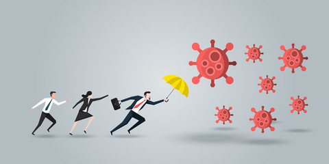 Leader Protect His Team, a Businessman With Yellow Umbrella  Defense Coronavirus 2019 or Covid-19, Business Concept of Teamwork and leadership. Vector Ilustration.